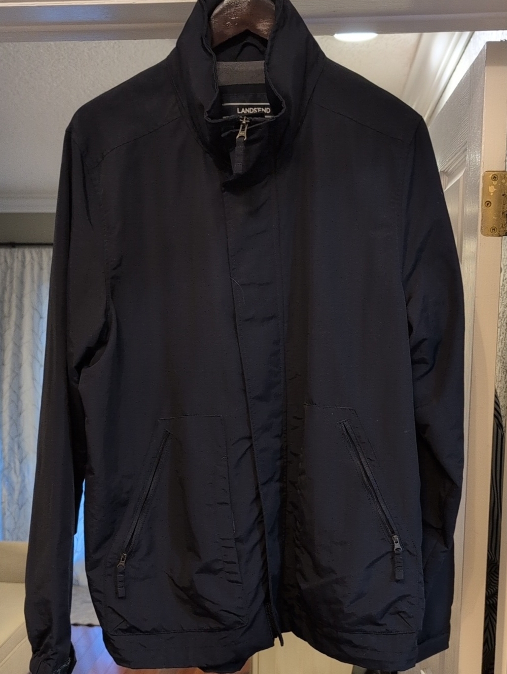 Lands End Mens Windbreaker Jacket Navy Blue‎ Medium Rollaway Hood Excellent